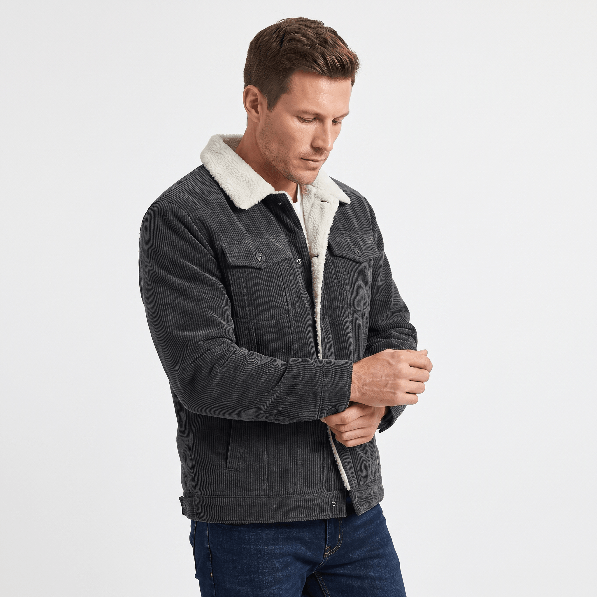 Charcoal grey corduroy jacket with a white sherpa-lined collar and interior, featuring buttoned chest pockets.