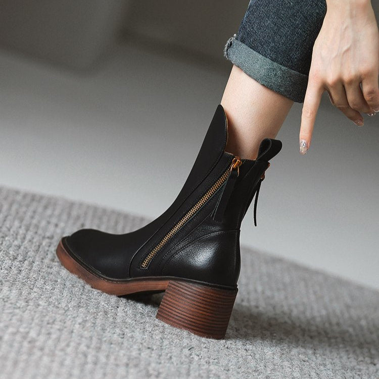 Selene Genuine Leather Ankle Boots – Low Heel Stability Cushioned Comfort