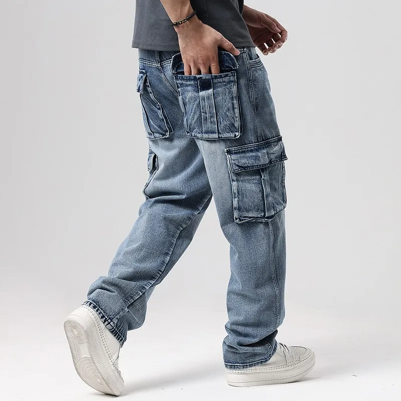 Griffin Men's Relaxed Fit Cargo Pants – Faded Denim Trousers with Utility Pockets