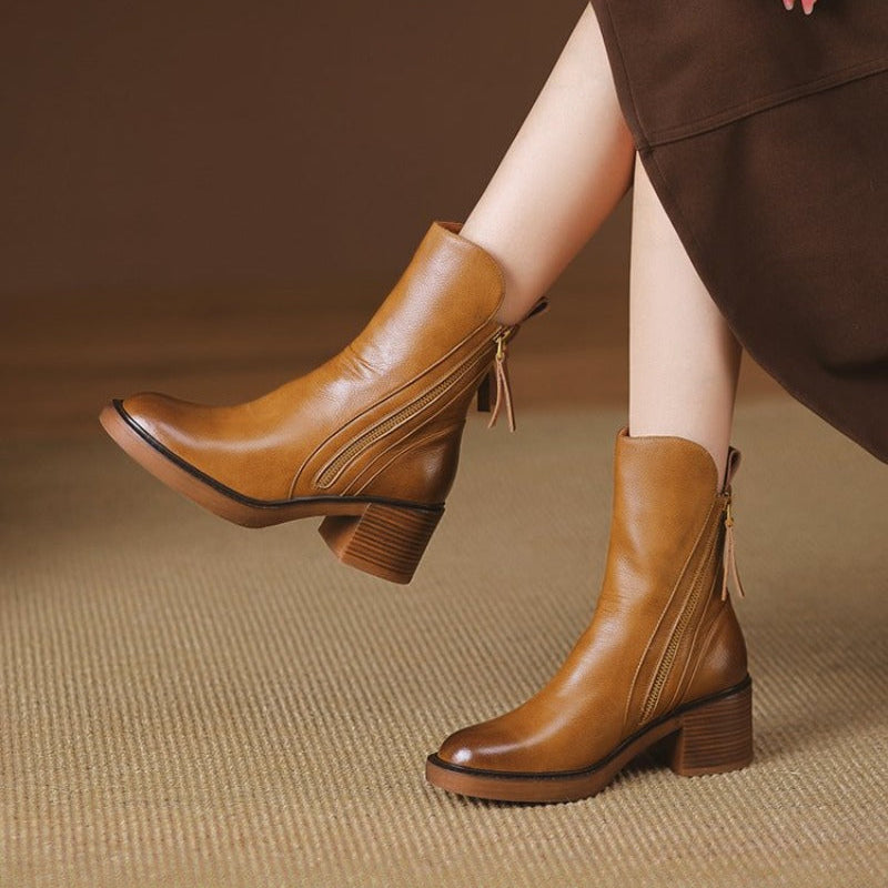 Selene Genuine Leather Ankle Boots – Low Heel Stability Cushioned Comfort