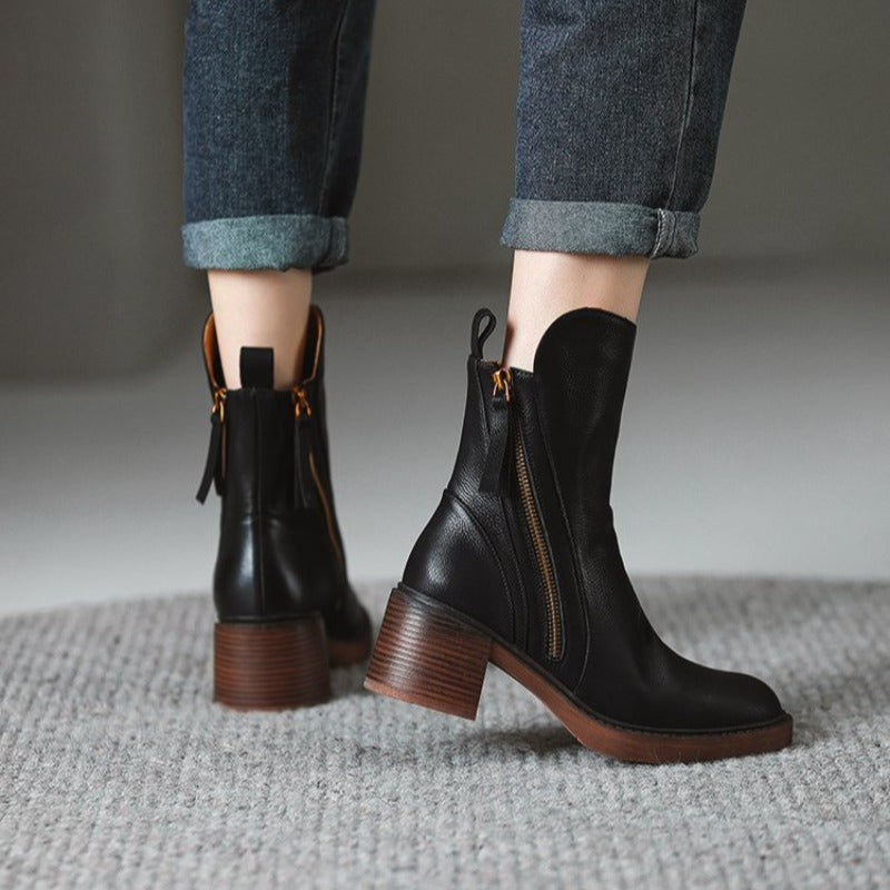 Selene Genuine Leather Ankle Boots – Low Heel Stability Cushioned Comfort