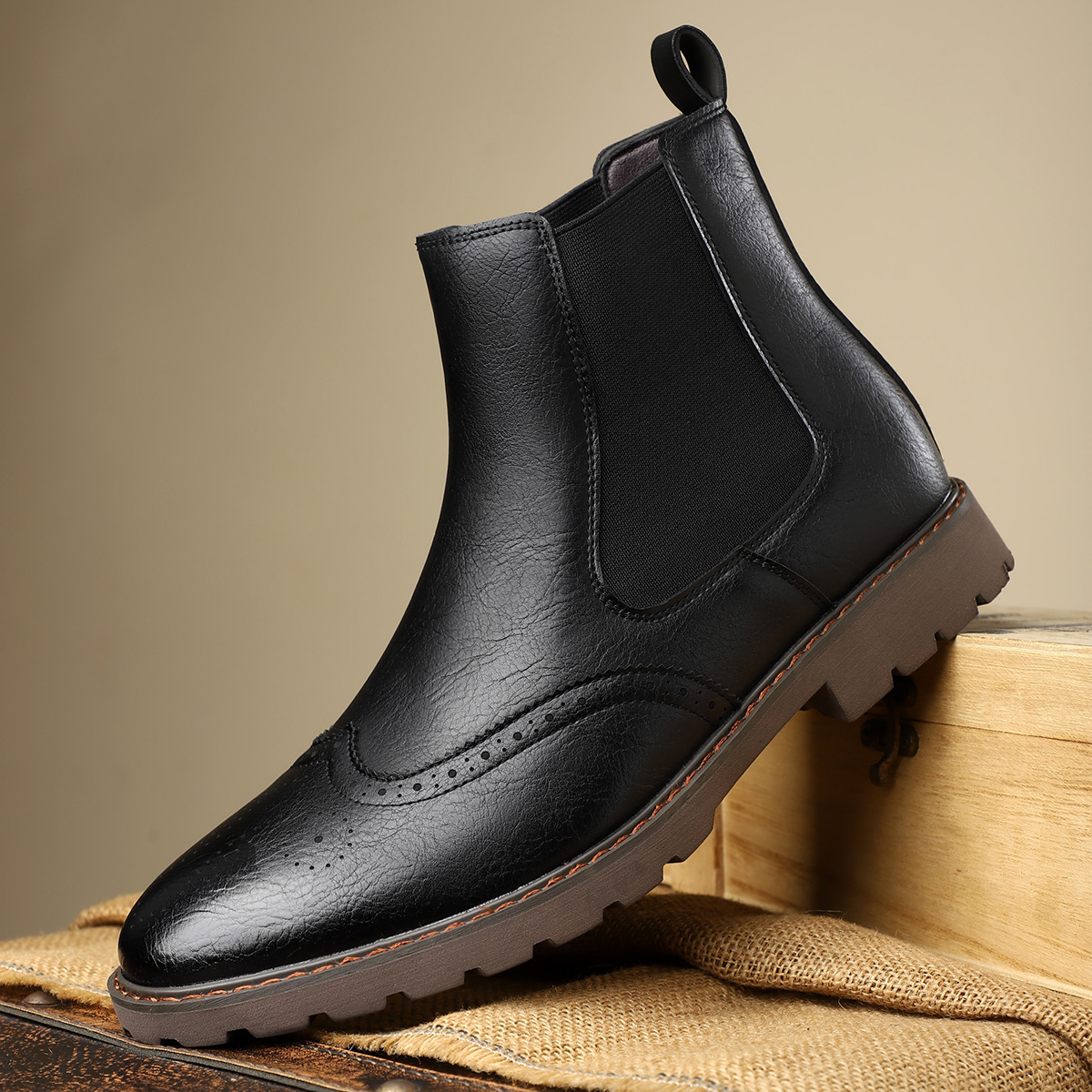 Carrington Men's Genuine Leather Chelsea Boots with Brogue Detailing