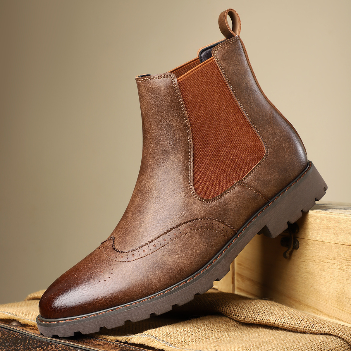 Carrington Men's Genuine Leather Chelsea Boots with Brogue Detailing