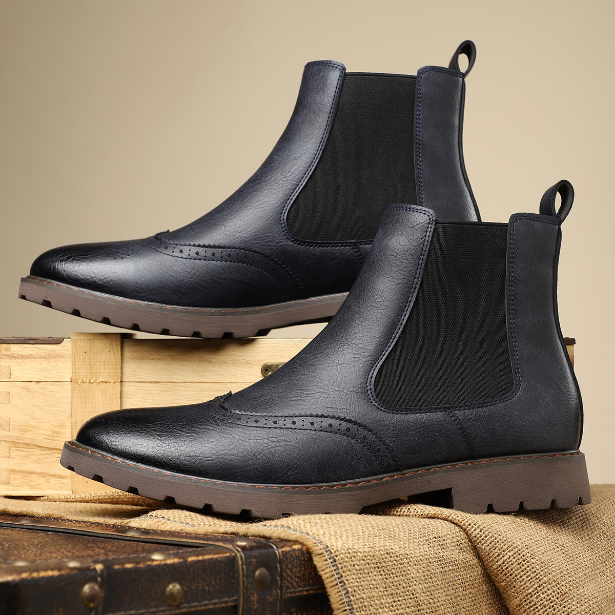 Carrington Men's Genuine Leather Chelsea Boots with Brogue Detailing