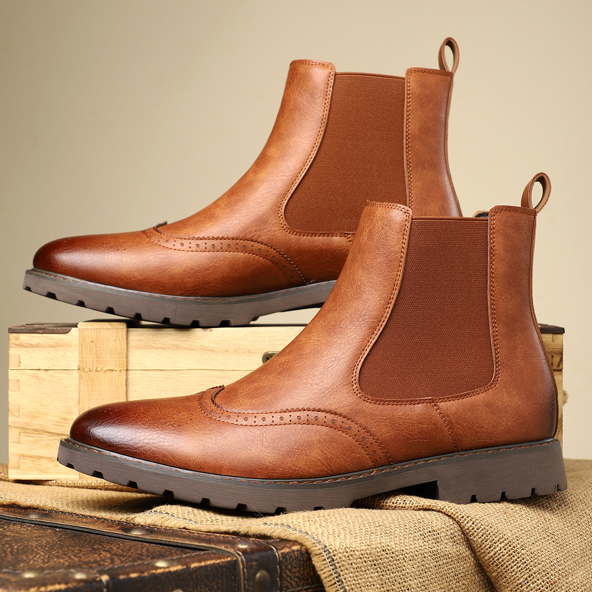 Carrington Men's Genuine Leather Chelsea Boots with Brogue Detailing
