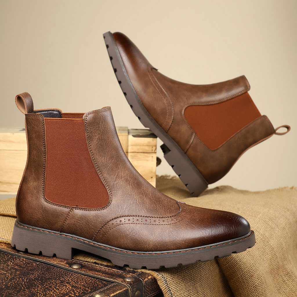 Carrington Men's Genuine Leather Chelsea Boots with Brogue Detailing