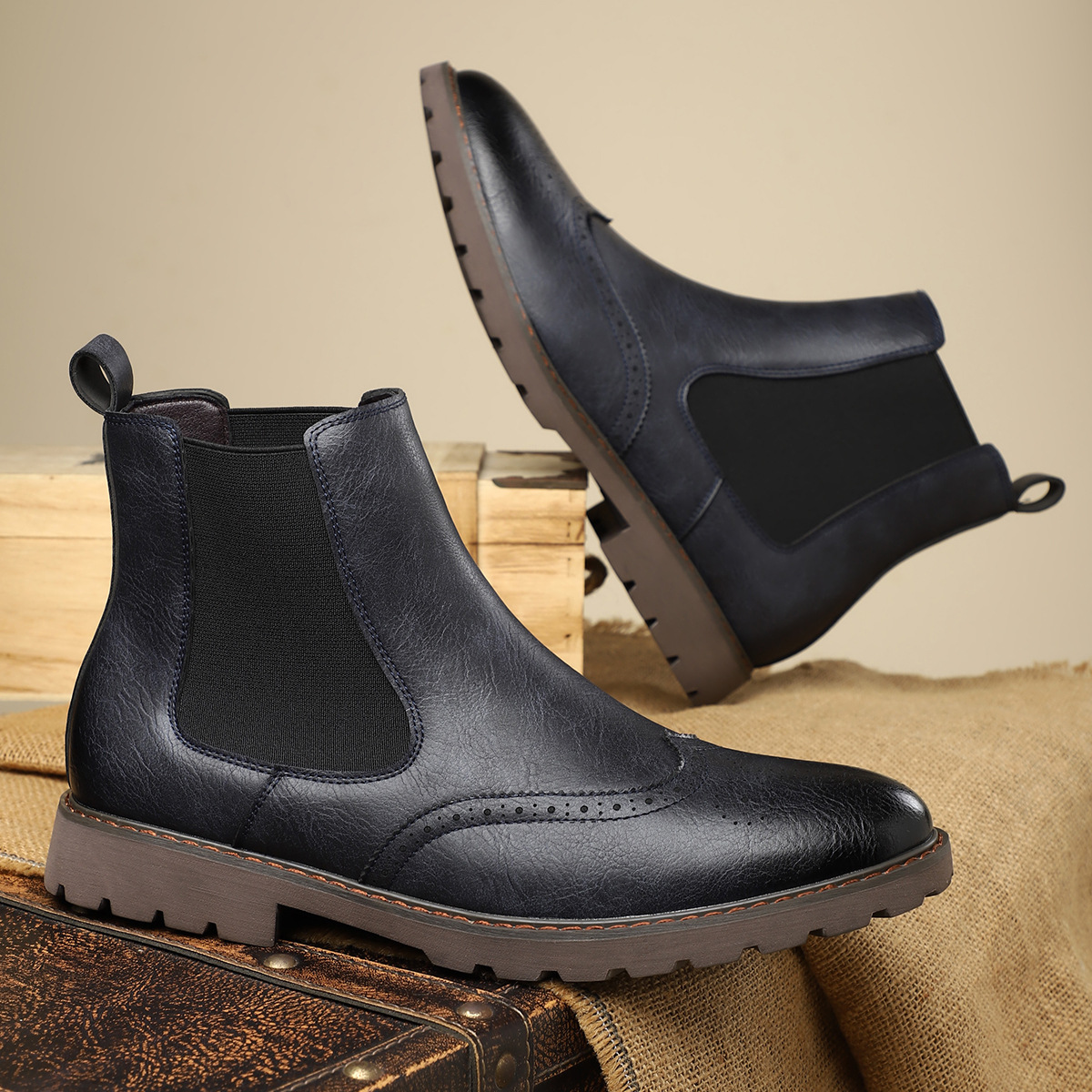 Carrington Men's Genuine Leather Chelsea Boots with Brogue Detailing