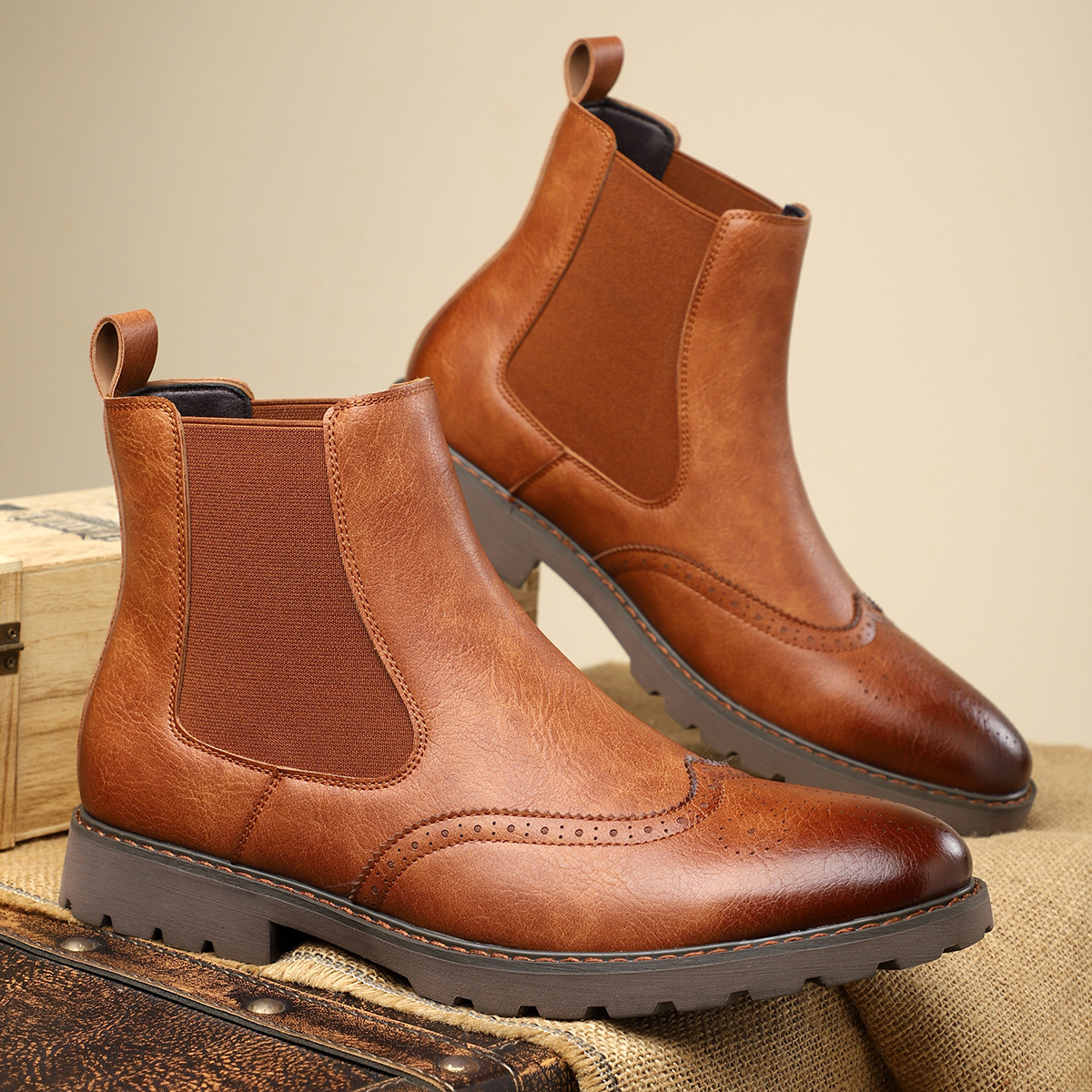 Carrington Men's Genuine Leather Chelsea Boots with Brogue Detailing