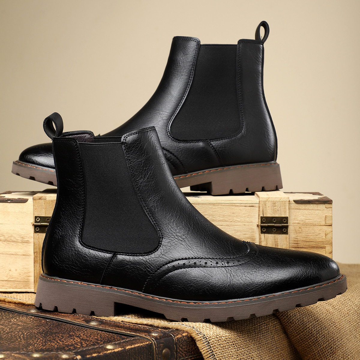 Carrington Men's Genuine Leather Chelsea Boots with Brogue Detailing
