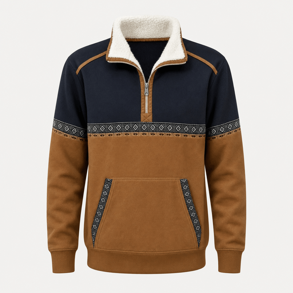 Color-block half-zip pullover displayed on its own, showing the front design, contrast panels, decorative chest trim, and zippered front pockets.
