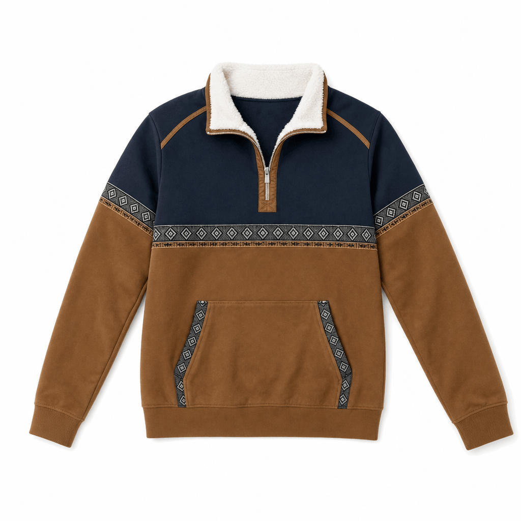Color-block half-zip pullover displayed flat, showing the navy upper section, brown body and sleeves, white contrast collar, and front pockets.