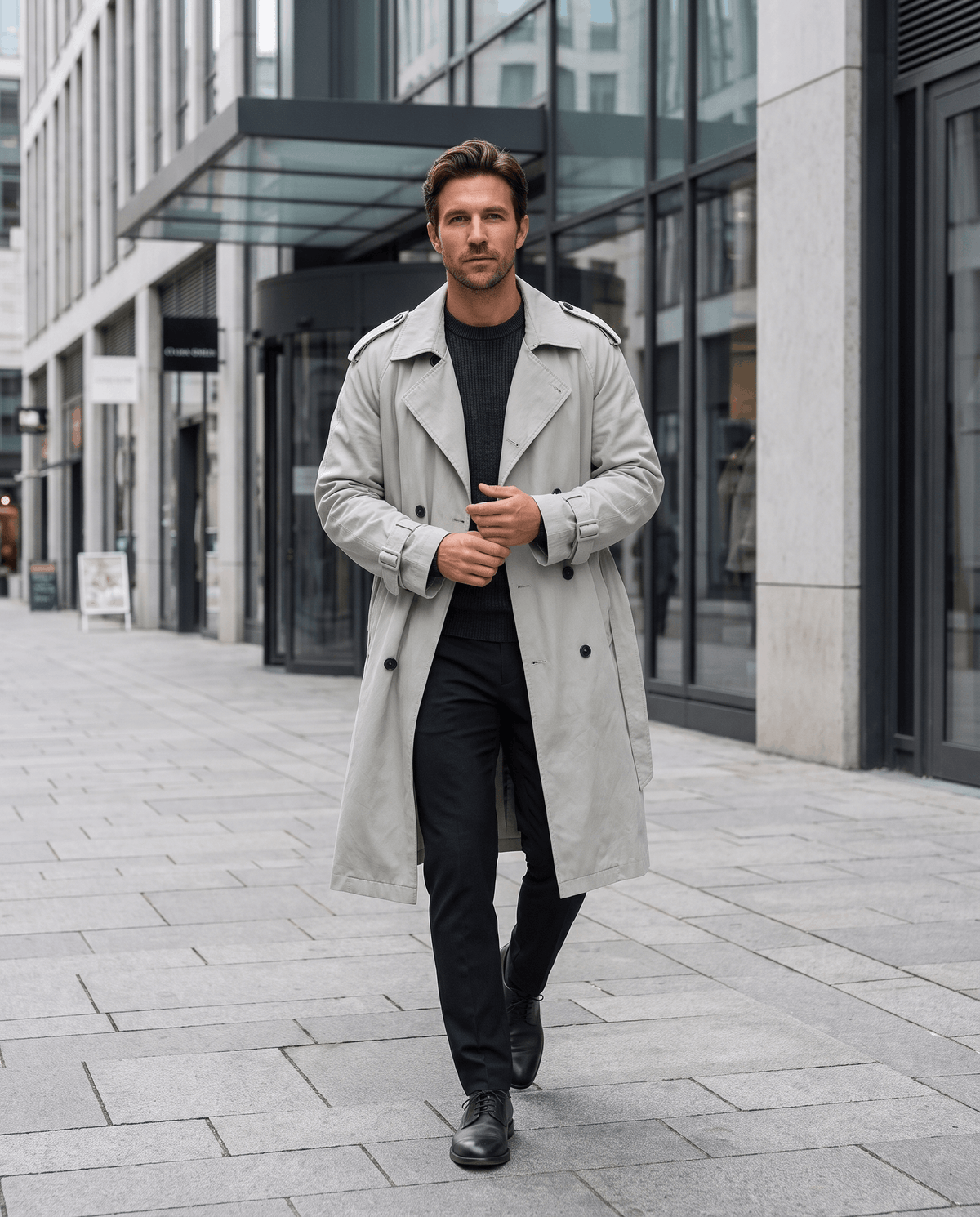 A man wearing a light gray double-breasted trench coat with a belted waist and adjustable cuffs, walking on a city street
