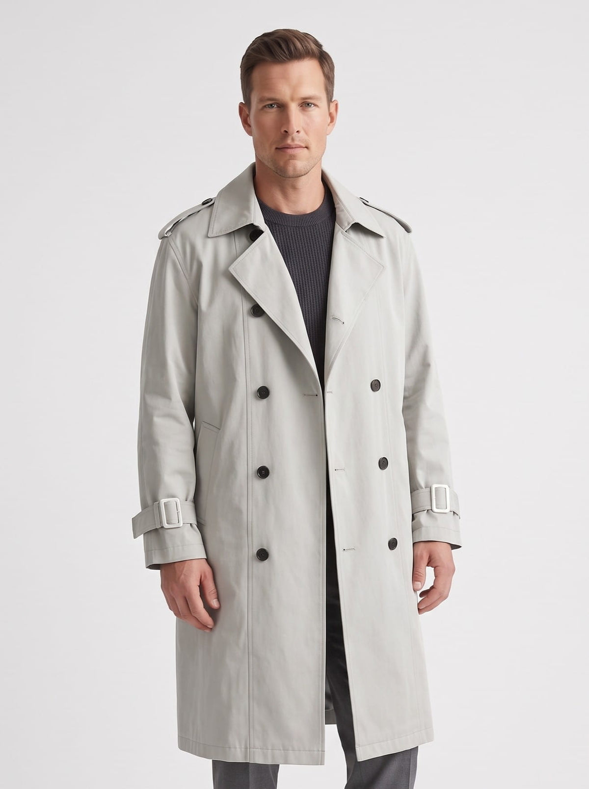 Light Gray double-breasted trench coat with wide lapels, shoulder epaulettes, and cuff straps worn by a male model