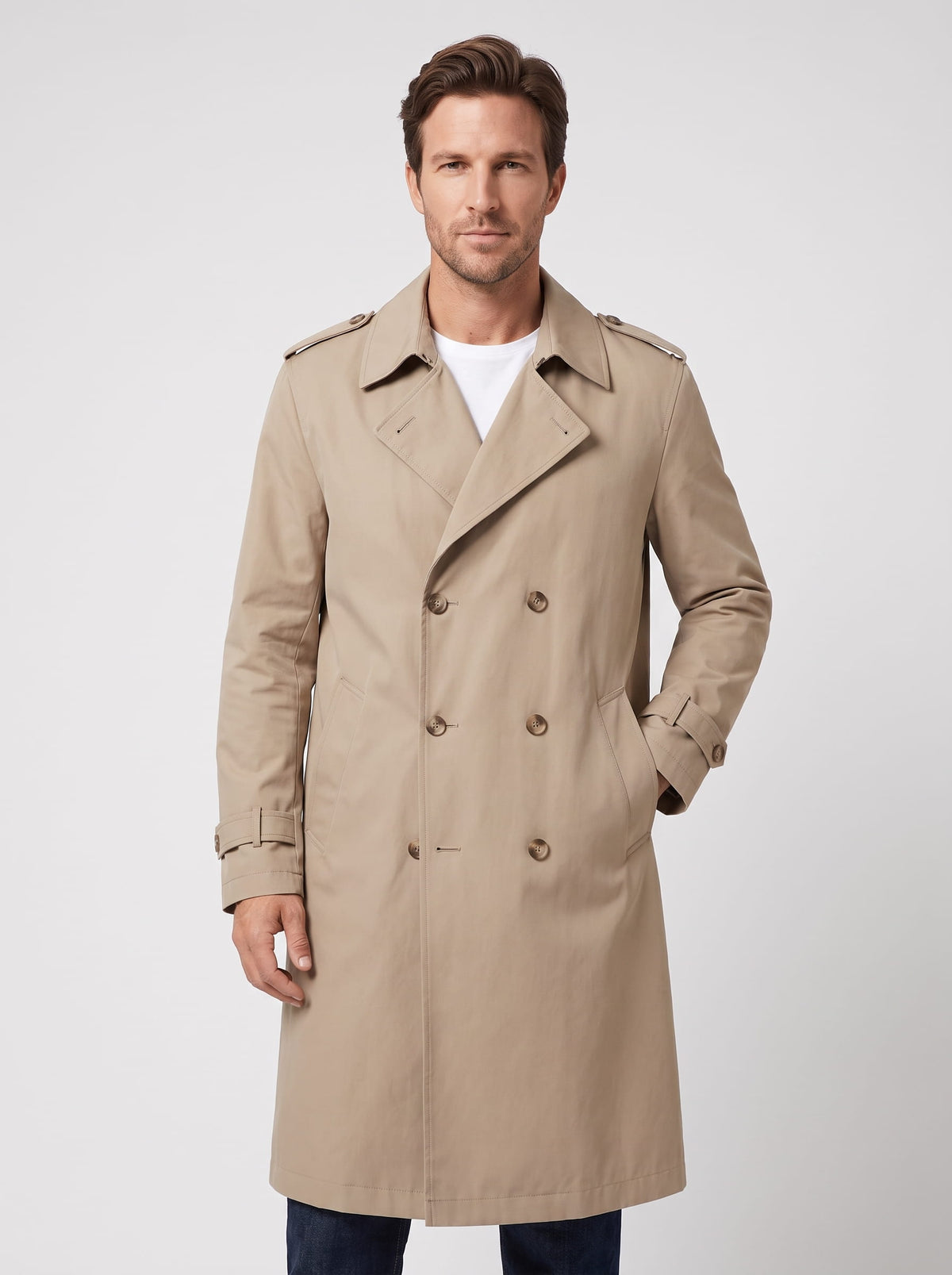 Beige double-breasted trench coat with wide lapels, shoulder epaulettes, and cuff straps worn by a male model