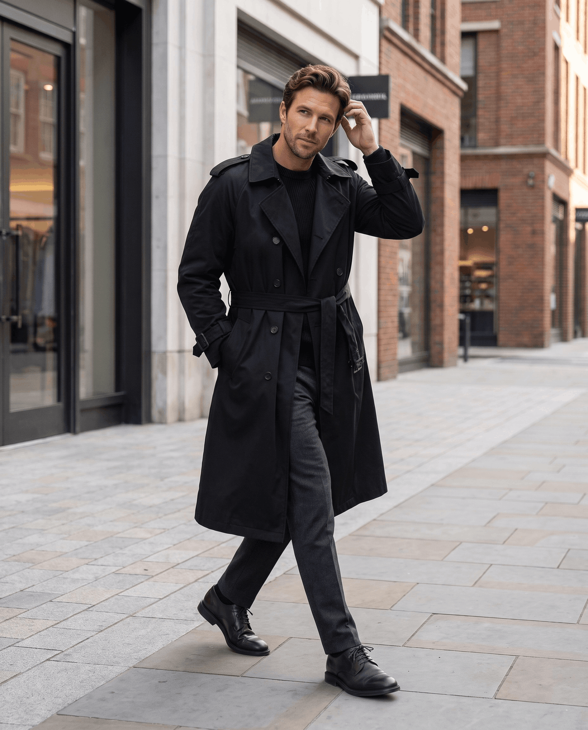 A man wearing a black double-breasted trench coat with a belted waist and adjustable cuffs, walking on a city street