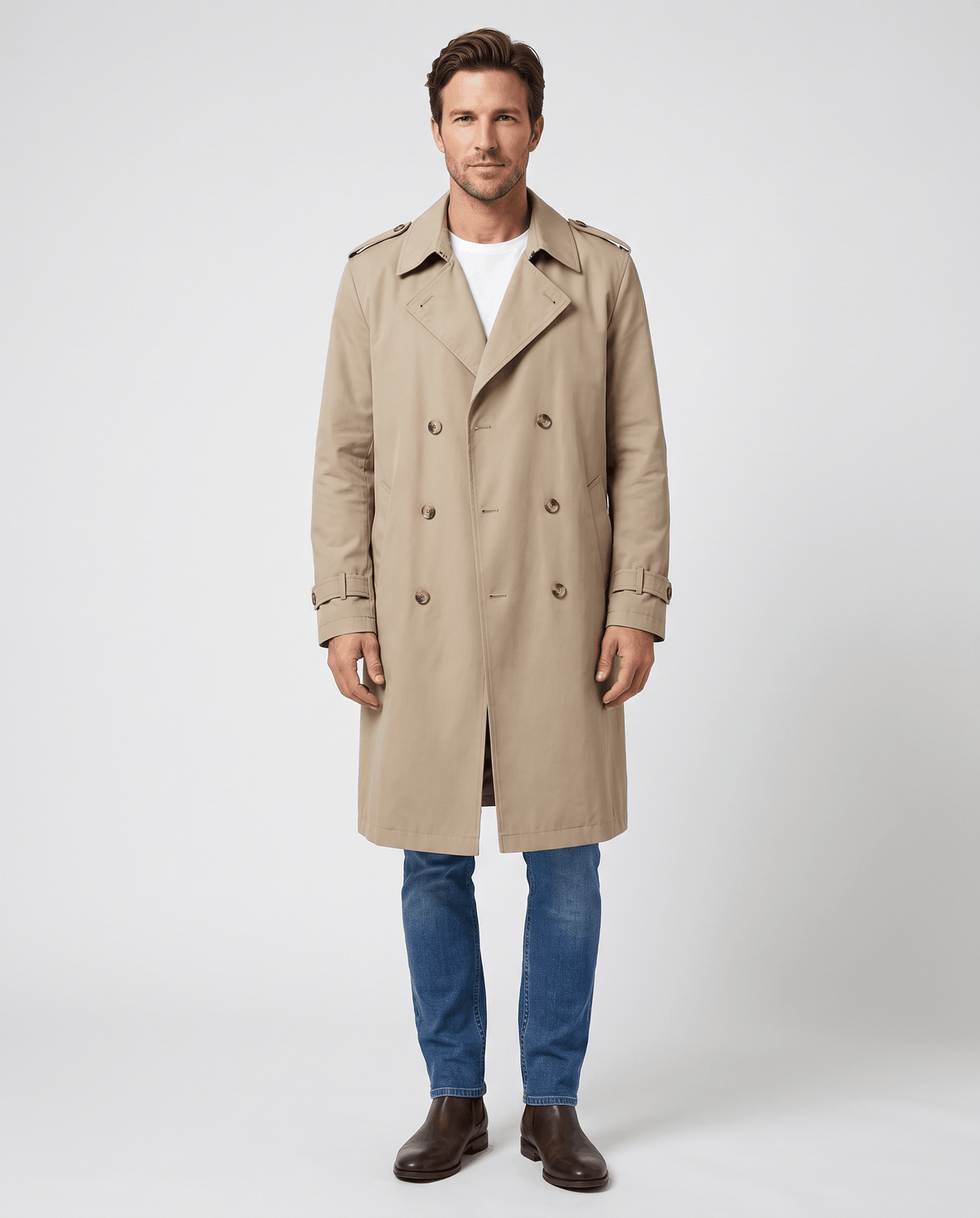 A man wearing a beige double-breasted trench coat with a belted waist and adjustable cuffs