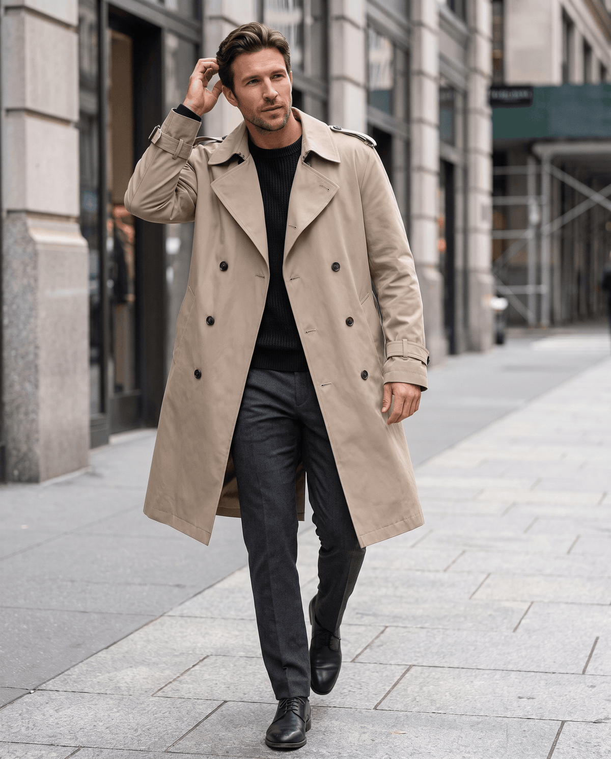A man wearing a beige double-breasted trench coat with a belted waist and adjustable cuffs, walking on a city street