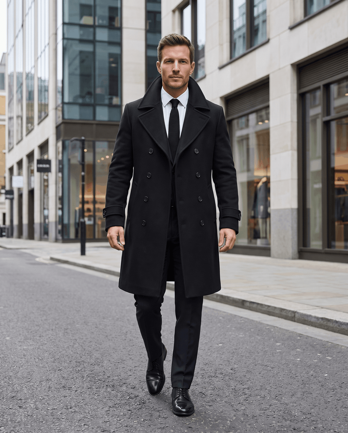 A man wearing a black double-breasted trench coat with a longline fit, notched lapel, and structured shoulders, walking on a city street