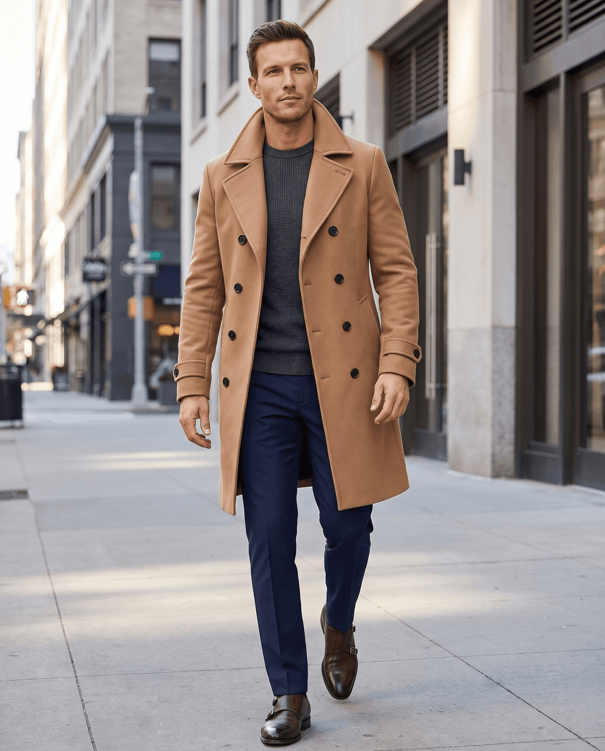 A man wearing a camel double-breasted trench coat with a longline fit, notched lapel, and structured shoulders, walking on a city street
