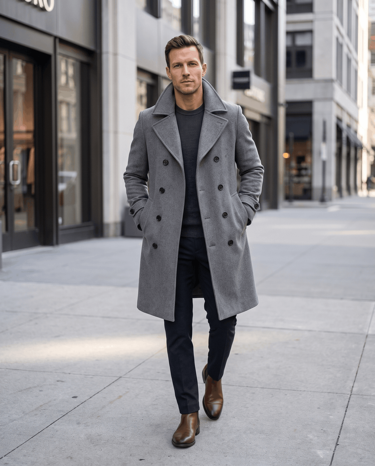 A man wearing a gray double-breasted trench coat with a longline fit, walking on a city street
