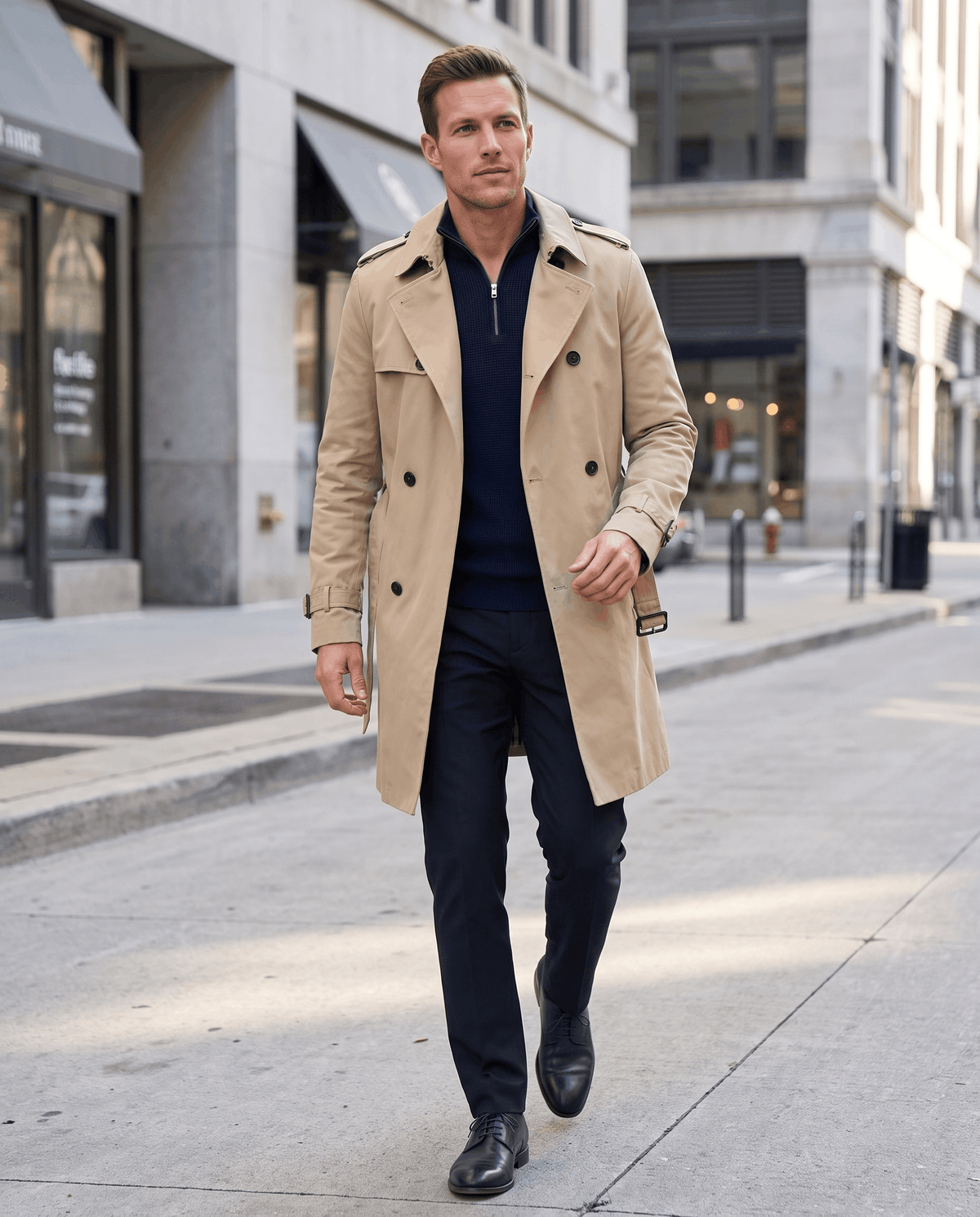 A man wearing a beige double-breasted trench coat with a mid-length fit, notched lapel, and adjustable cuffs, walking on a city street