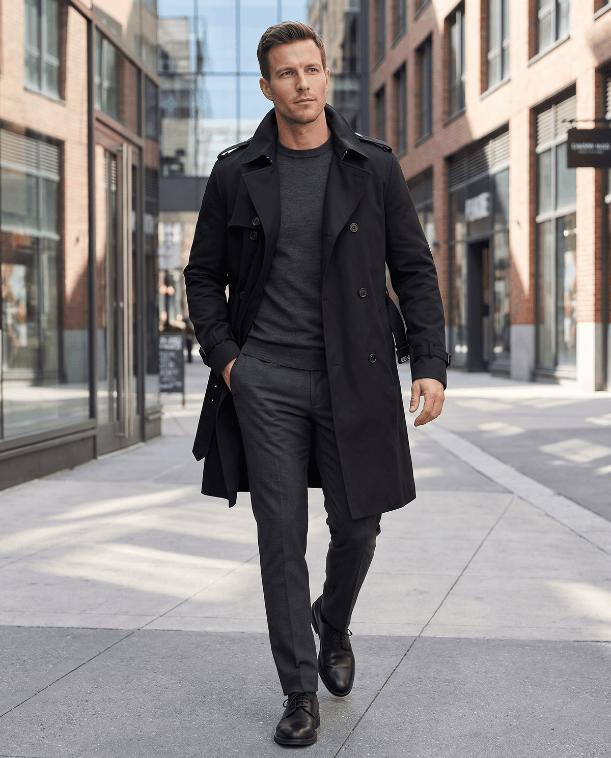 A man wearing a black double-breasted trench coat with a mid-length fit, walking outdoors on a city street