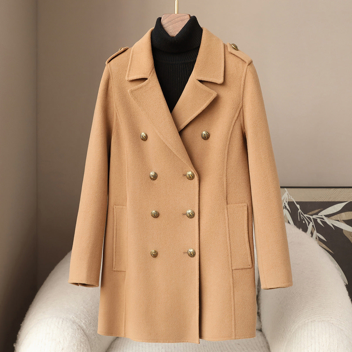 Clarice Women's Mid-Length Double-Breasted Wool Cashmere Coat with Tailored Fit
