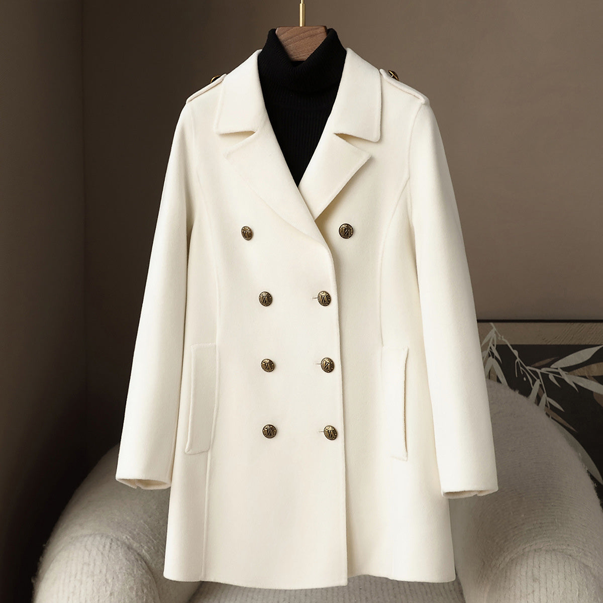 Clarice Women's Mid-Length Double-Breasted Wool Cashmere Coat with Tailored Fit