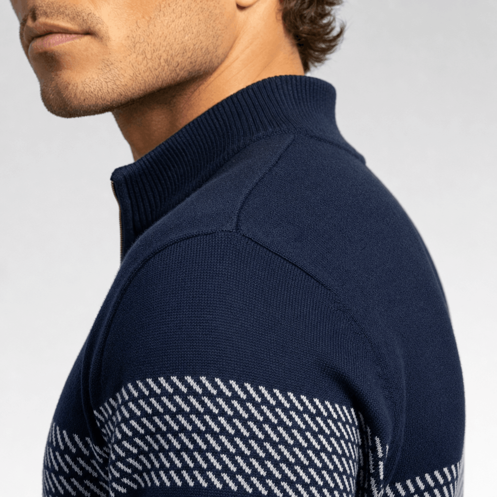 Close-up side view of the dark navy sweater, highlighting the ribbed knit texture and textured horizontal stripe.
