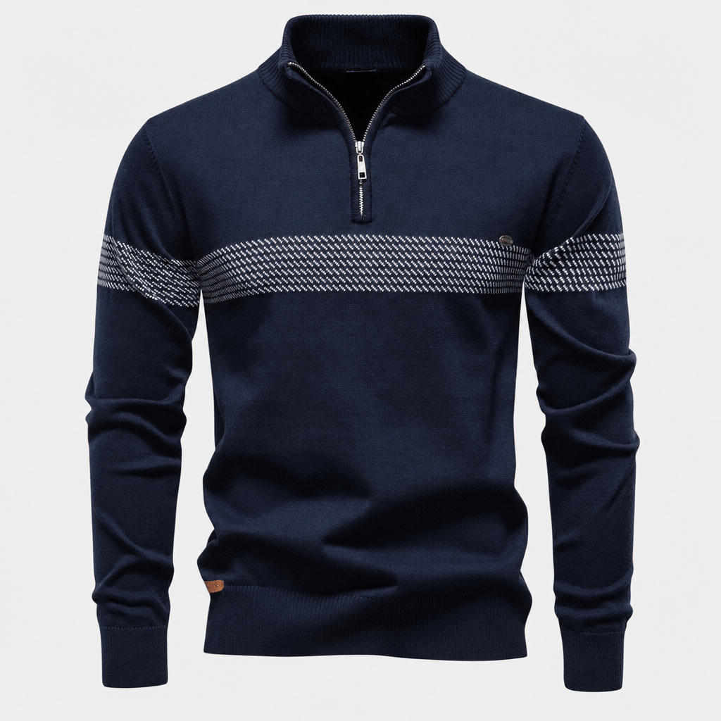 Front product view of the navy quarter-zip sweater with a textured horizontal stripe across the chest.