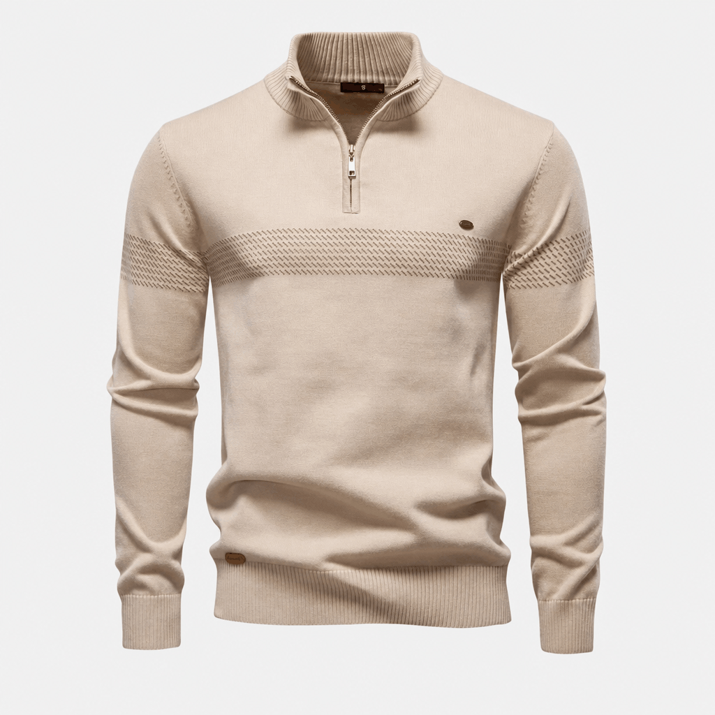 Front product view of the beige  quarter-zip sweater with a textured horizontal stripe across the chest.