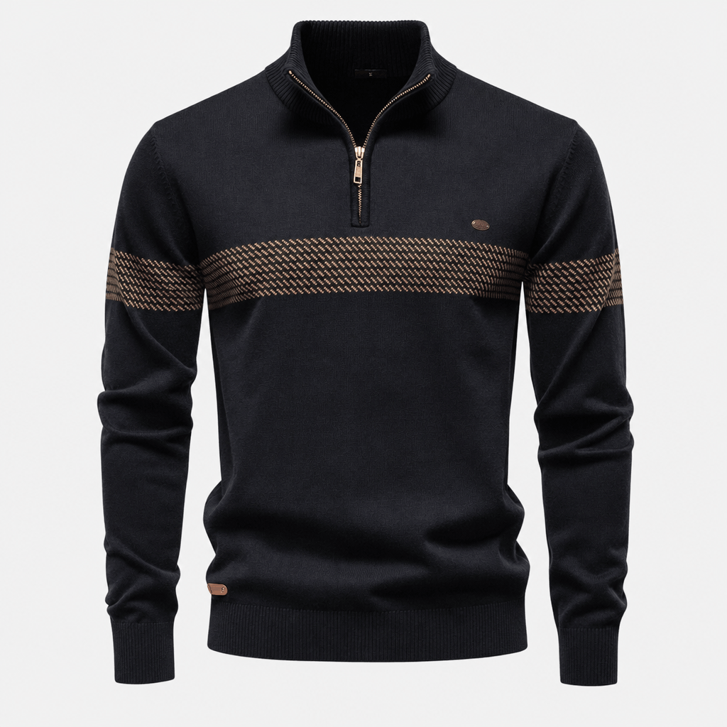 Front product view of the black quarter-zip sweater with a contrasting textured stripe across the chest.