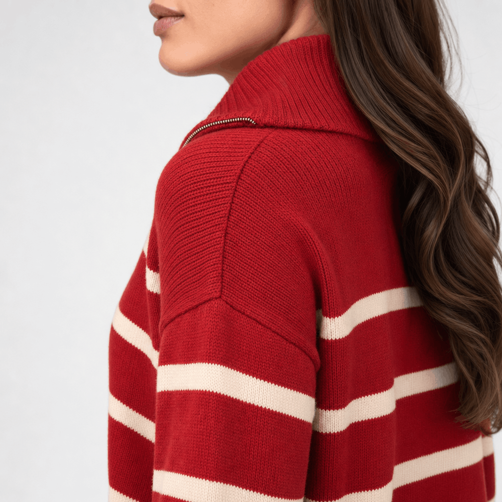 Close-up back and side view of the red striped sweater, highlighting the raised collar and white stripe pattern.
