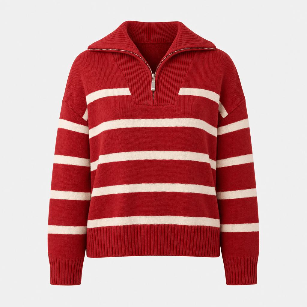 Front product view of the red quarter-zip sweater with white horizontal stripes.