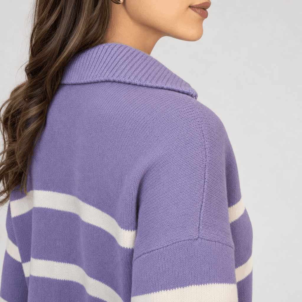 Back and side close-up of the purple striped sweater, showing the raised collar and white stripe detail.