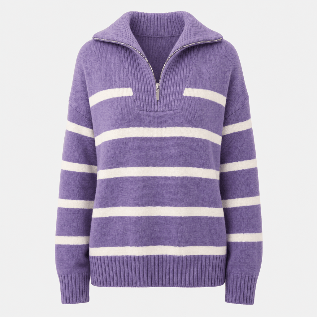 Front product view of the purple quarter-zip sweater with white horizontal stripes.