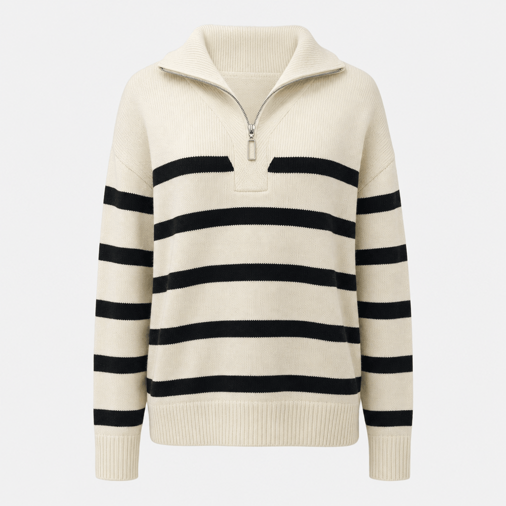 Front product view of the cream quarter-zip sweater with black horizontal stripes across the body and sleeves.