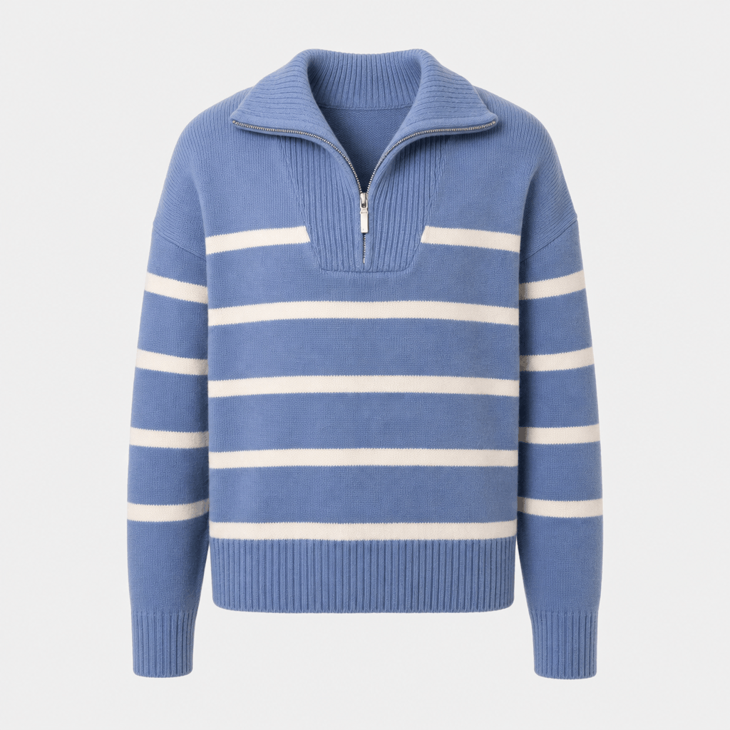 Front product view of the blue quarter-zip sweater with white horizontal stripes.