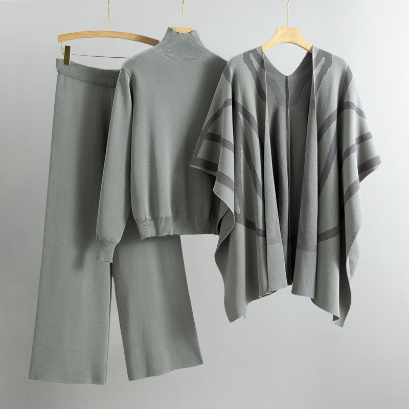 Eleine Women's Viscose-Blend Lounge Set – Knit Sweater, Cardigan & Wide-Leg Pants
