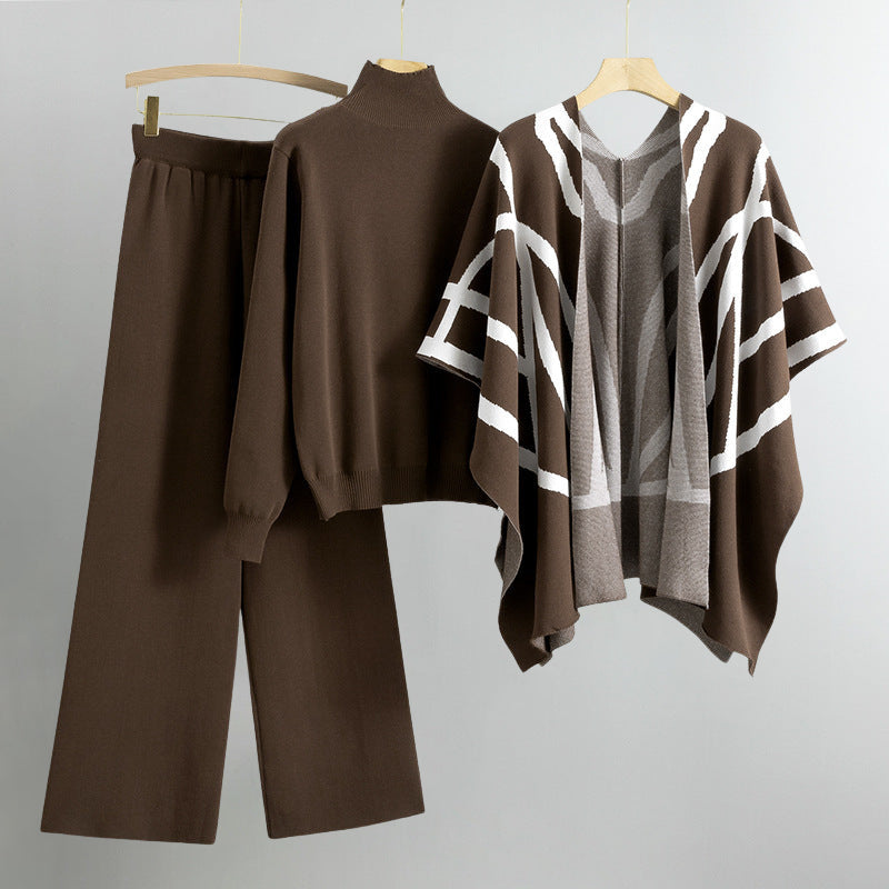Eleine Women's Viscose-Blend Lounge Set – Knit Sweater, Cardigan & Wide-Leg Pants