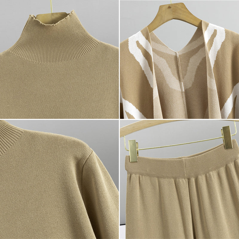 Eleine Women's Viscose-Blend Lounge Set – Knit Sweater, Cardigan & Wide-Leg Pants