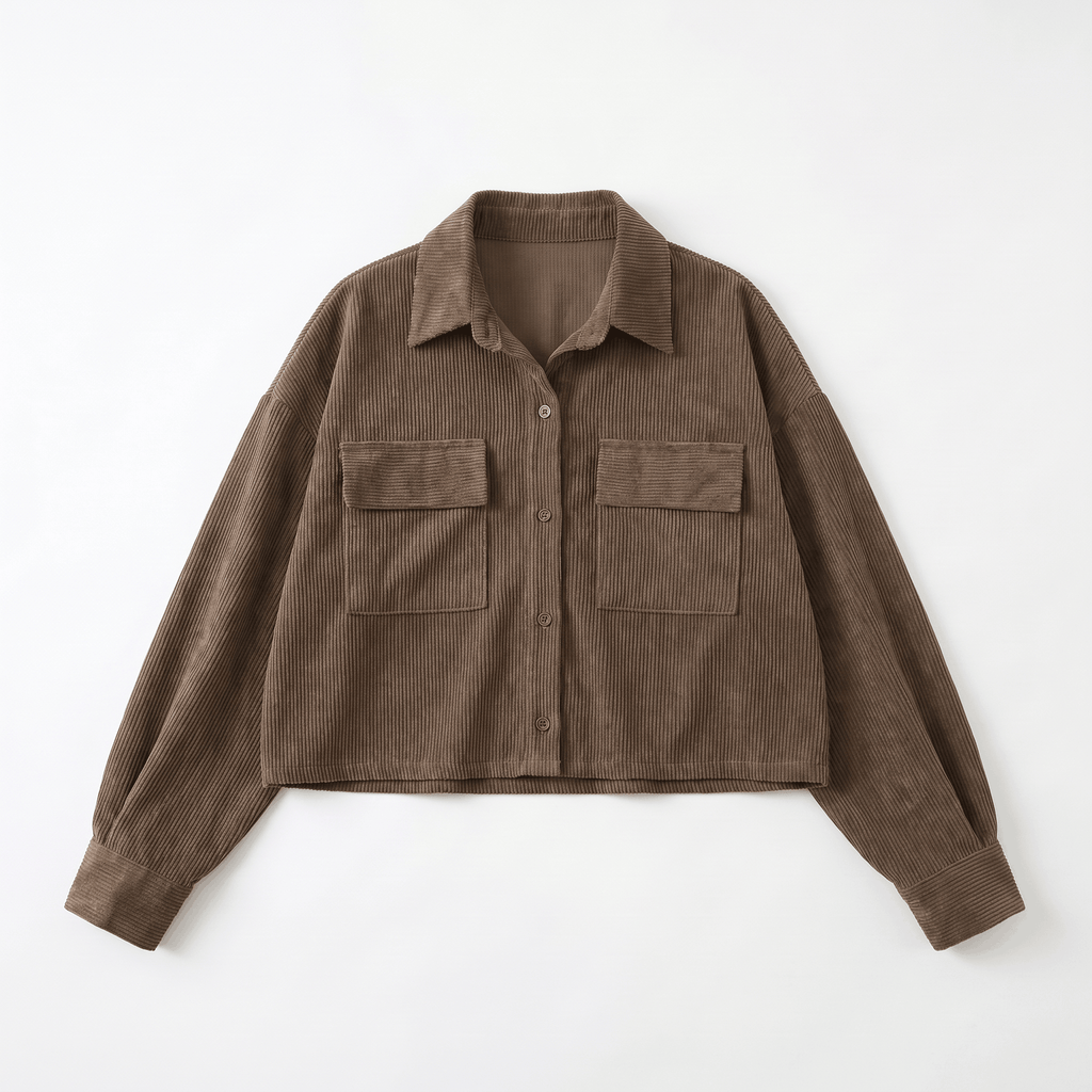 Muted brown corduroy overshirt with a relaxed drop-shoulder fit, button-front closure, and dual chest flap pockets.