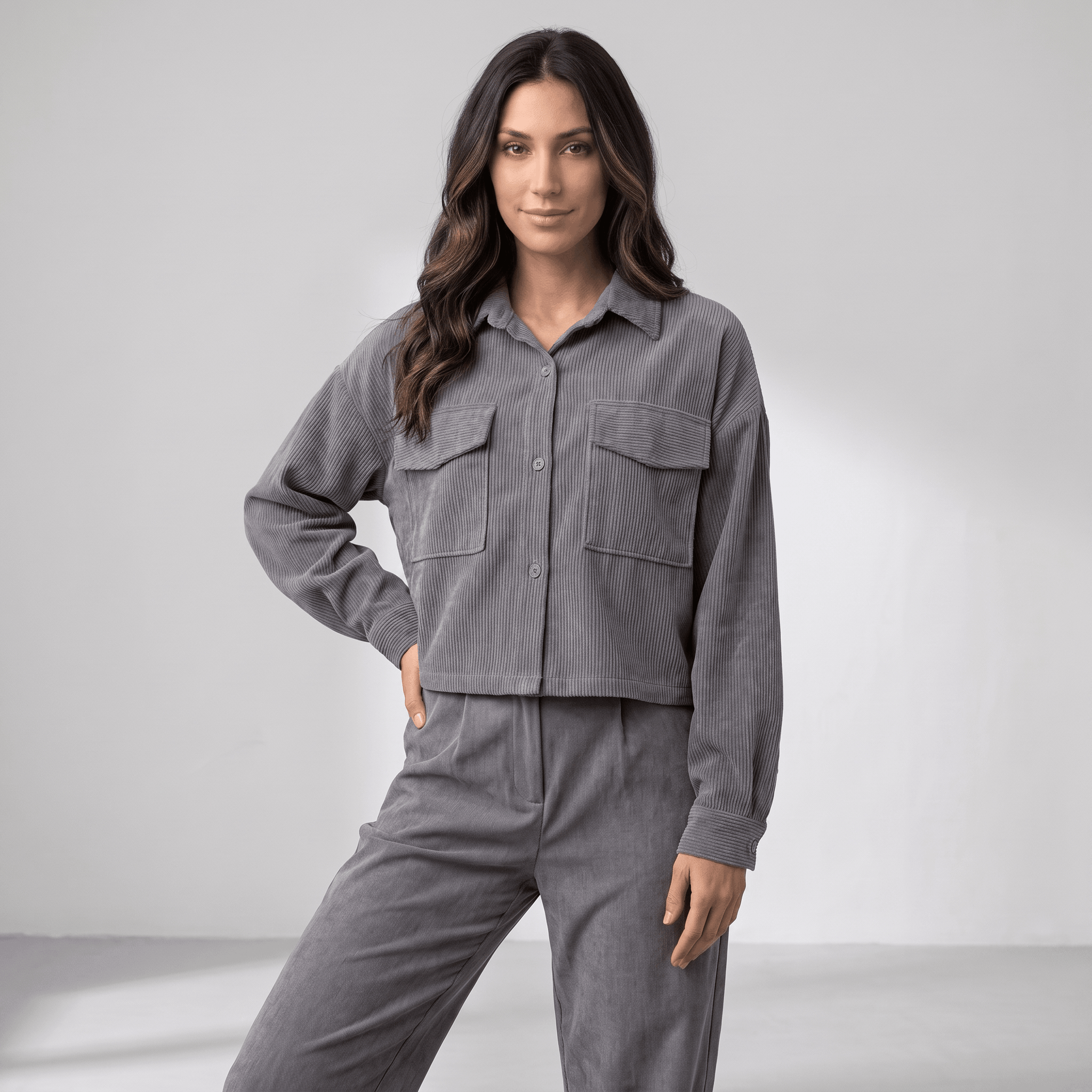 Grey corduroy overshirt with a relaxed drop-shoulder fit, button-front closure, and dual chest flap pockets.