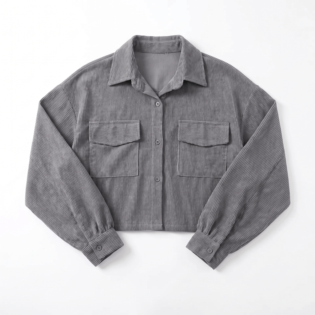 Muted brown corduroy overshirt with a relaxed drop-shoulder fit, button-front closure, and dual chest flap pockets.
