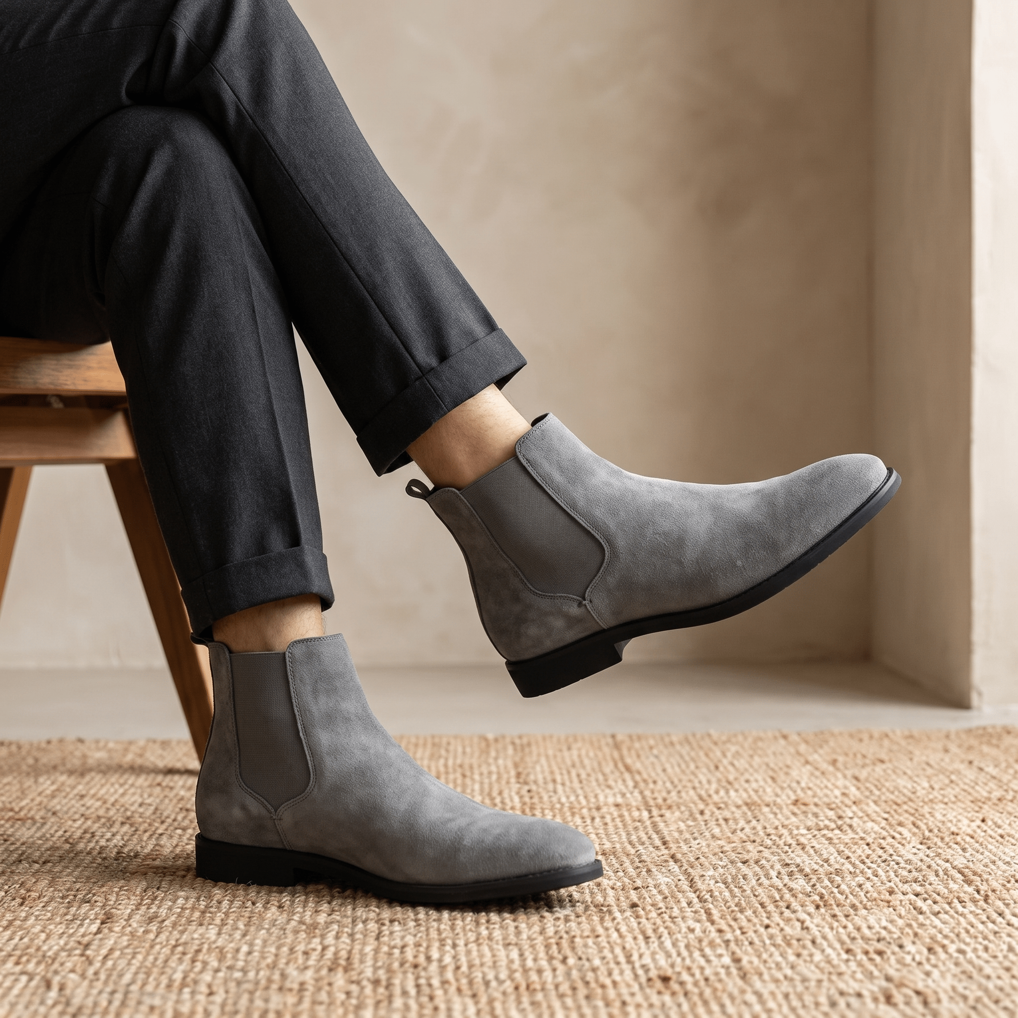 Person wearing gray Chelsea boots while seated, showing the side profile and ankle fit.