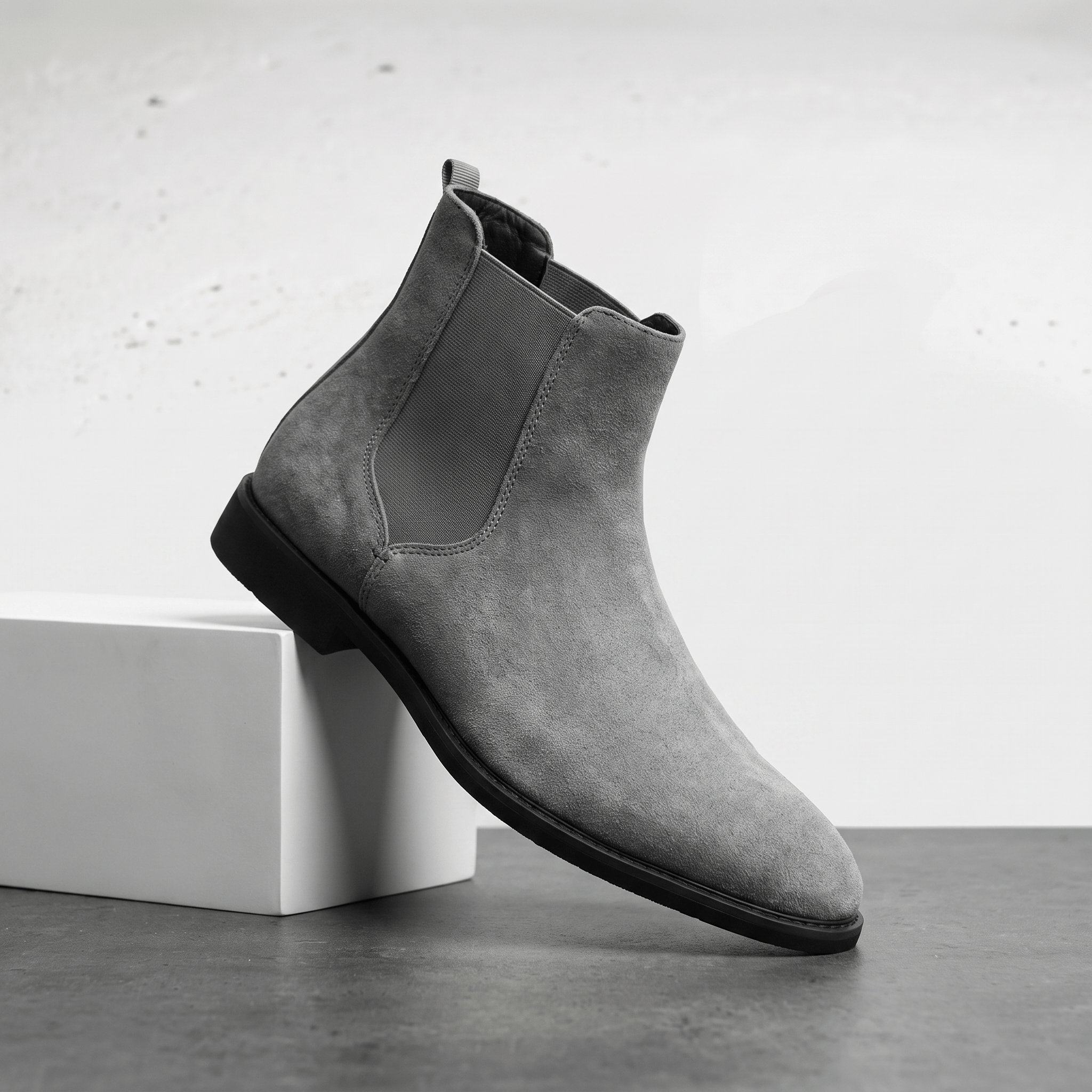 Gray Chelsea boot with elastic side panels, a rear pull tab, smooth suede-style upper, and low stacked sole.