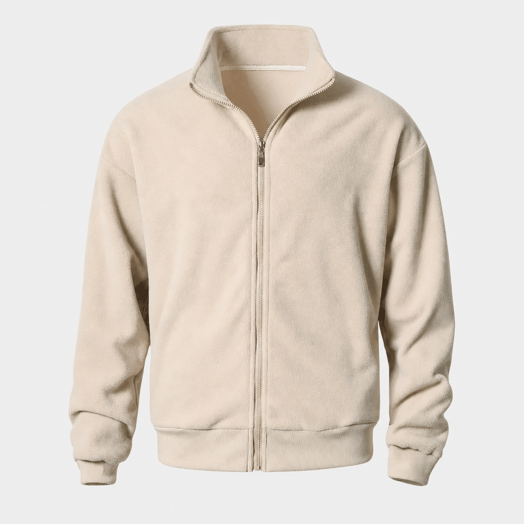 Cream zip-up jacket with a stand collar, full front zipper, and side pockets.