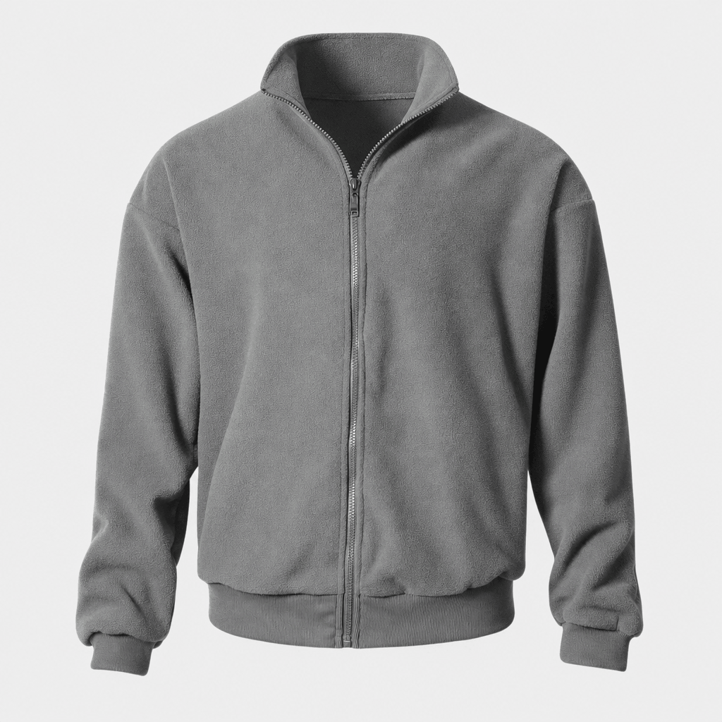 Gray zip-up jacket with a stand collar, full front zipper.