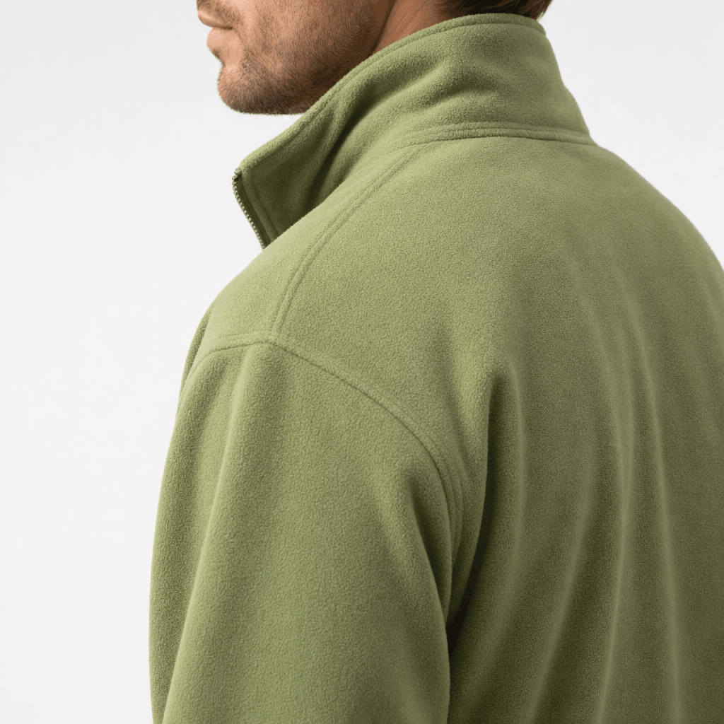 Close-up back and side view of the olive green jacket, highlighting the stand collar and shoulder.