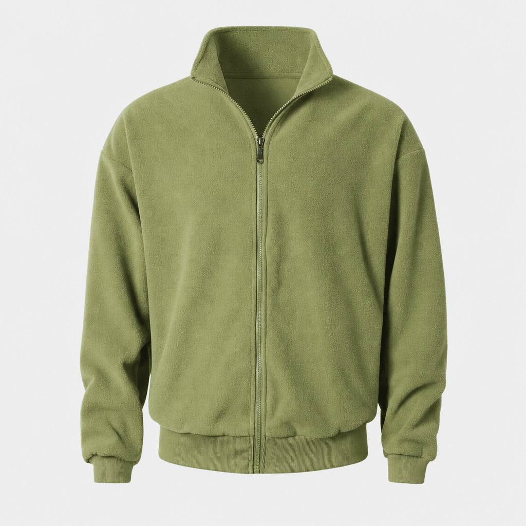 Olive green zip-up jacket with a stand collar, full front zipper, and side pockets.